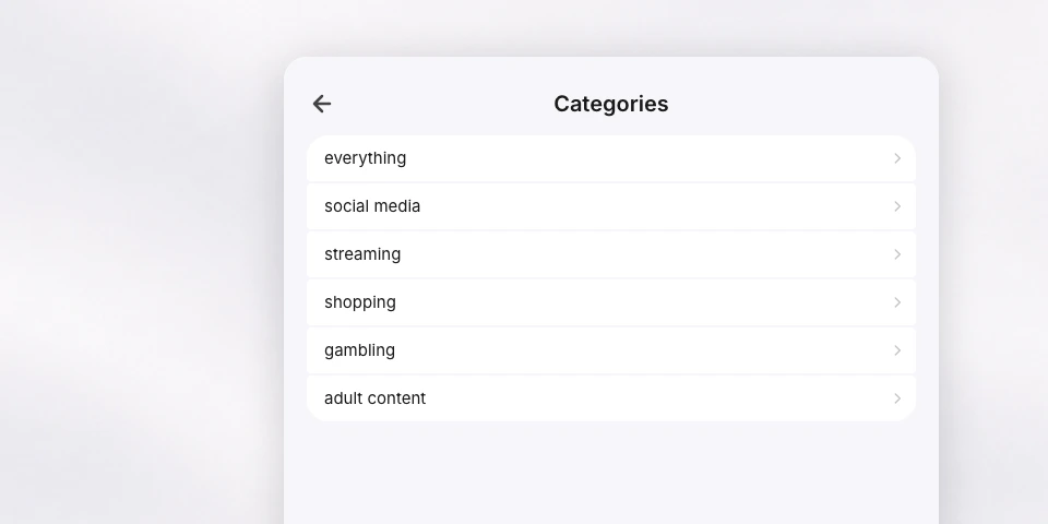 Happy Squid's list of website categories to block: everything, social media, streaming, shopping, gambling and adult content
