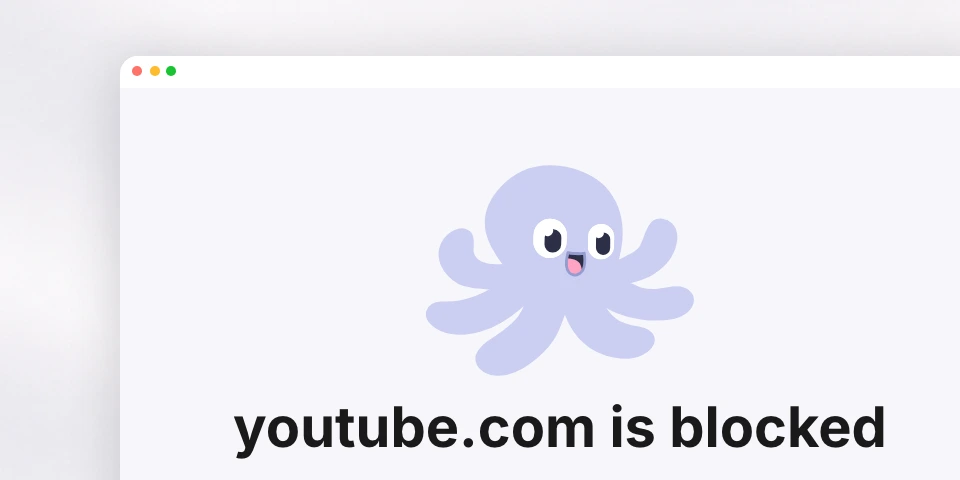 Happy Squid's blocked page in a browser window: the squid over the words youtube.com is blocked