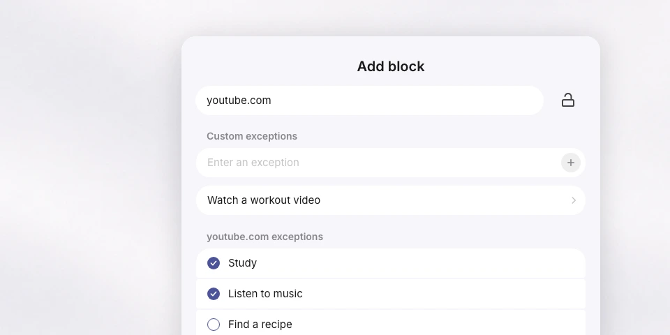 Happy Squid's Add block window for youtube.com, with a custom exception and the standard exceptions Study and Listen to music ticked