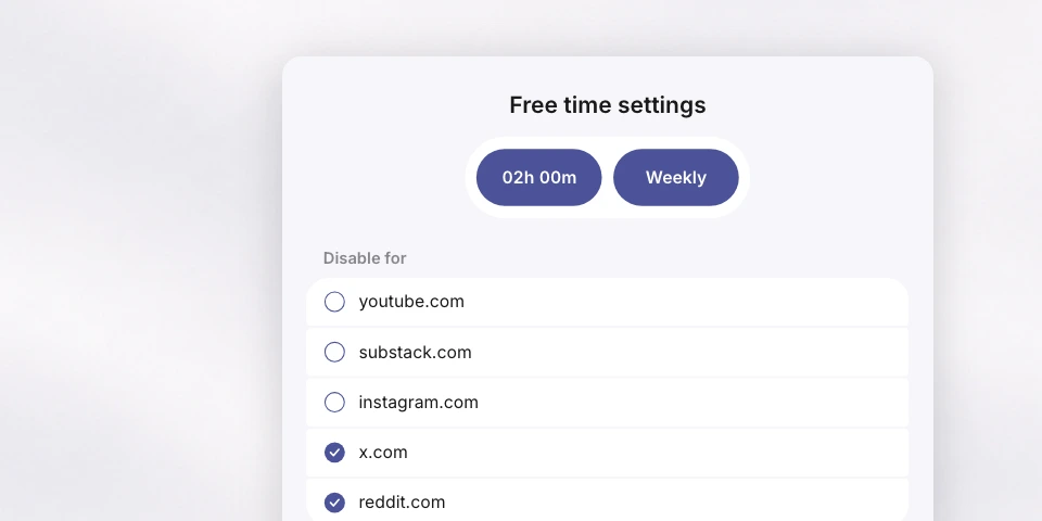 Happy Squid's free time settings: two hours a week, disabled for x.com and reddit.com