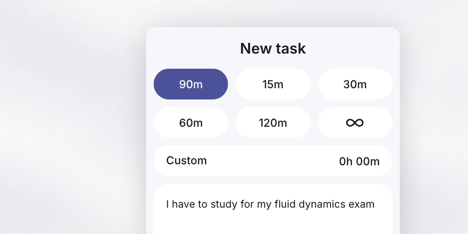 Happy Squid's New task card, with 90 minutes chosen and the task described as studying for a fluid dynamics exam