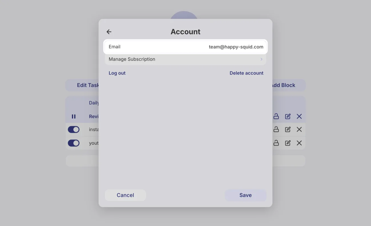 Happy Squid's Account settings, with the email address of the account highlighted.