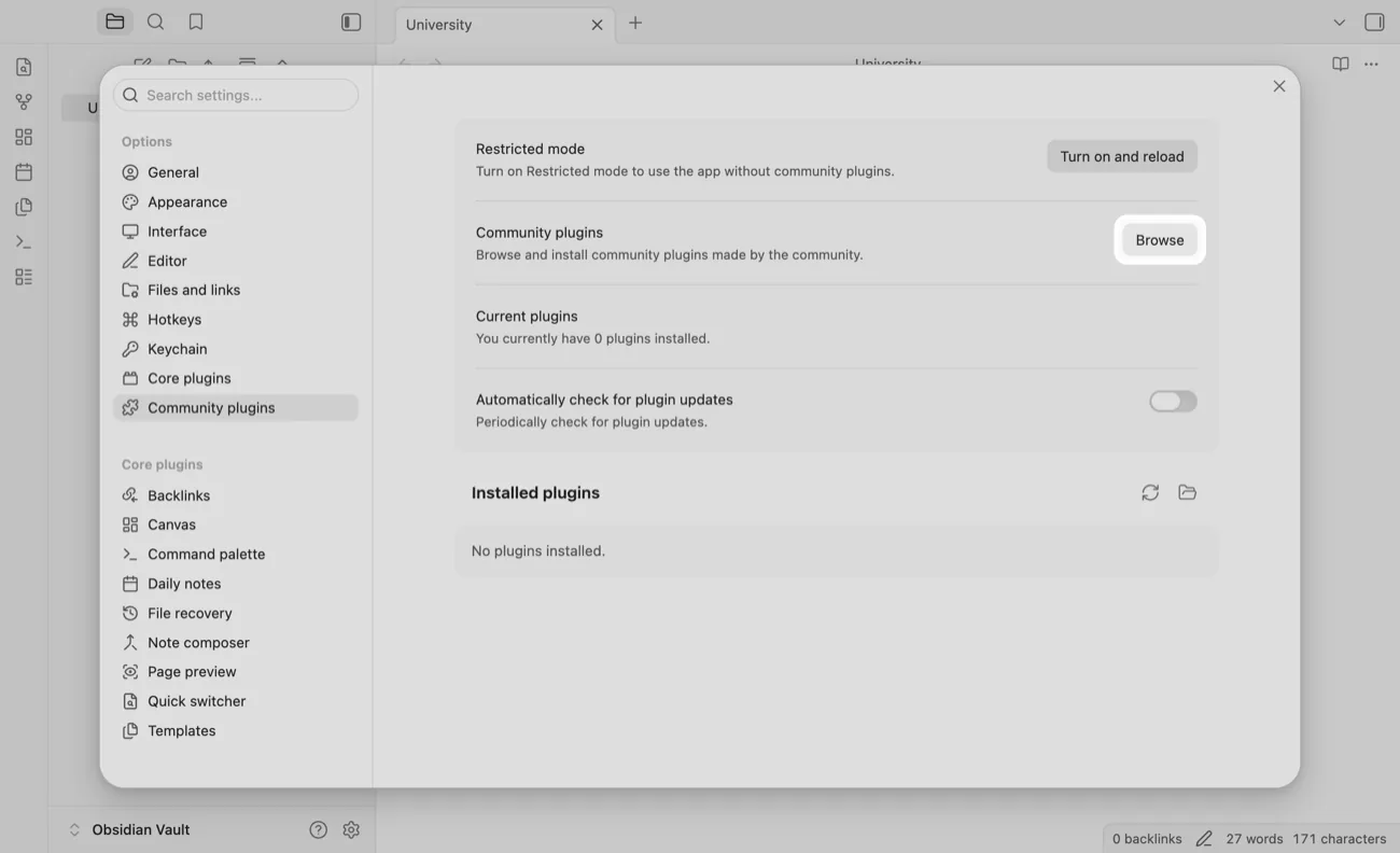 Obsidian's Community plugins settings, with the Browse button highlighted.