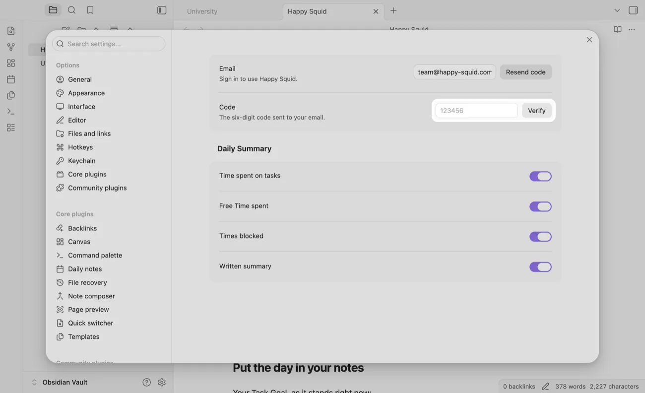 The Happy Squid plugin settings in Obsidian, with the code field and the Verify button highlighted.