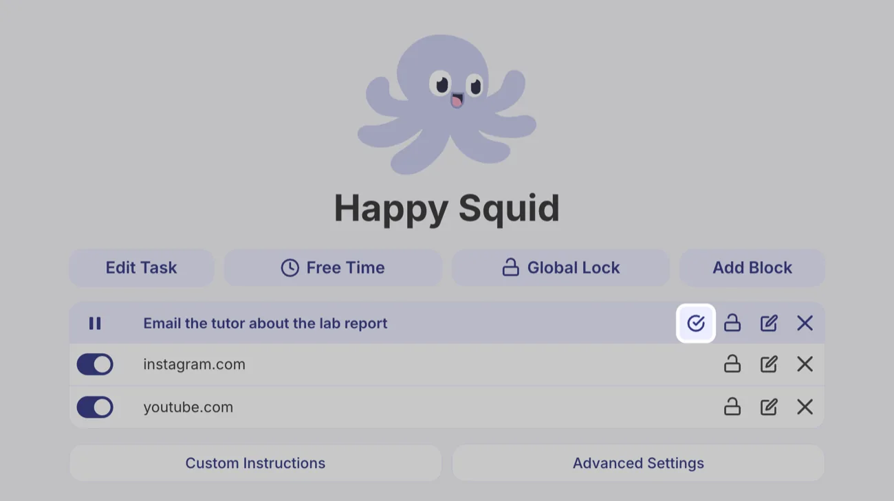 Happy Squid with the running Task Email the tutor about the lab report, its check mark button highlighted.