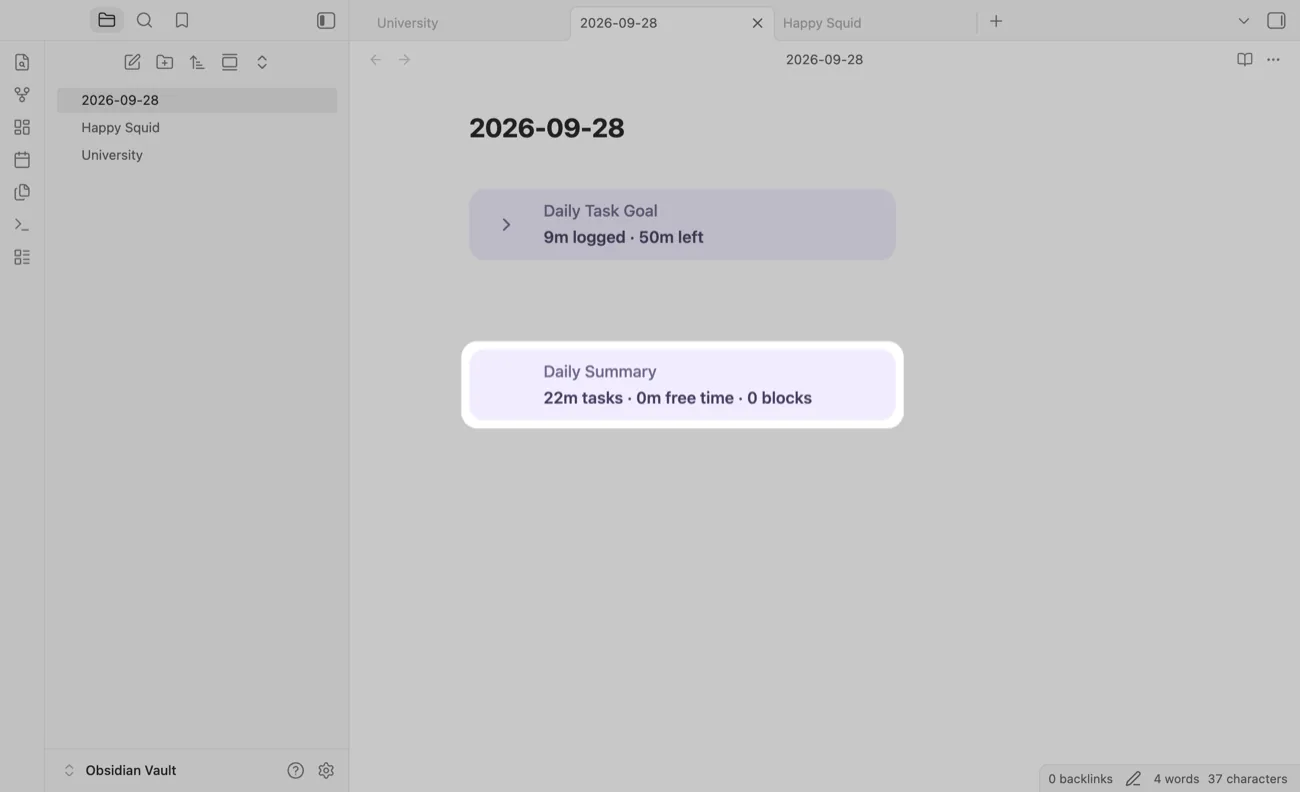 The Daily Summary card, highlighted, showing the day's time on tasks, Free Time and blocks.