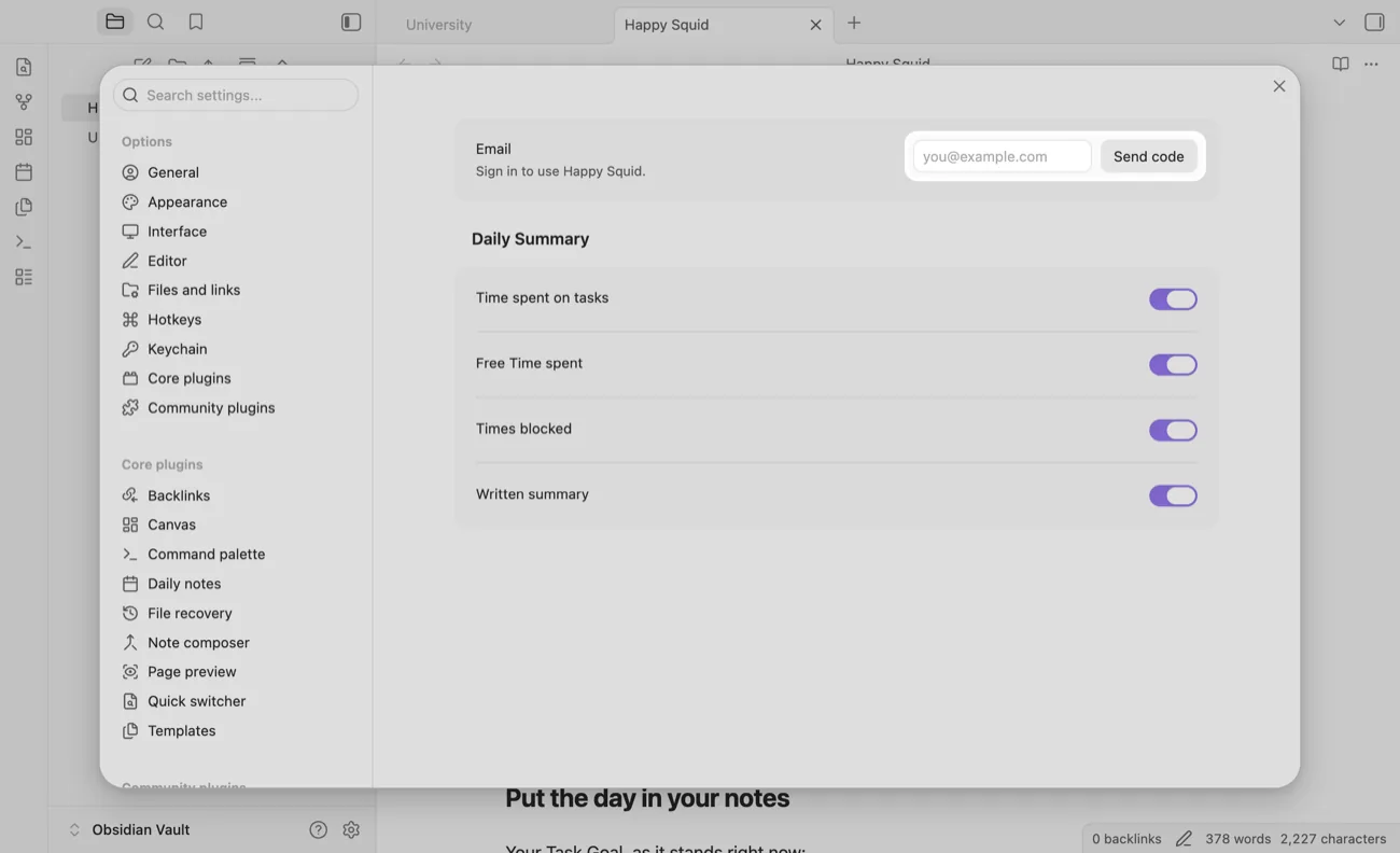 The Happy Squid plugin settings in Obsidian, with the email field and the Send code button highlighted.