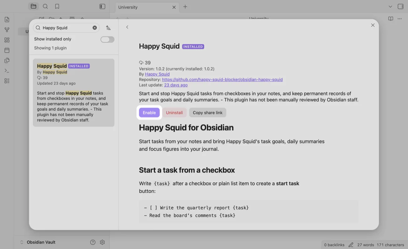 The Happy Squid plugin after installing, with the Enable button highlighted.