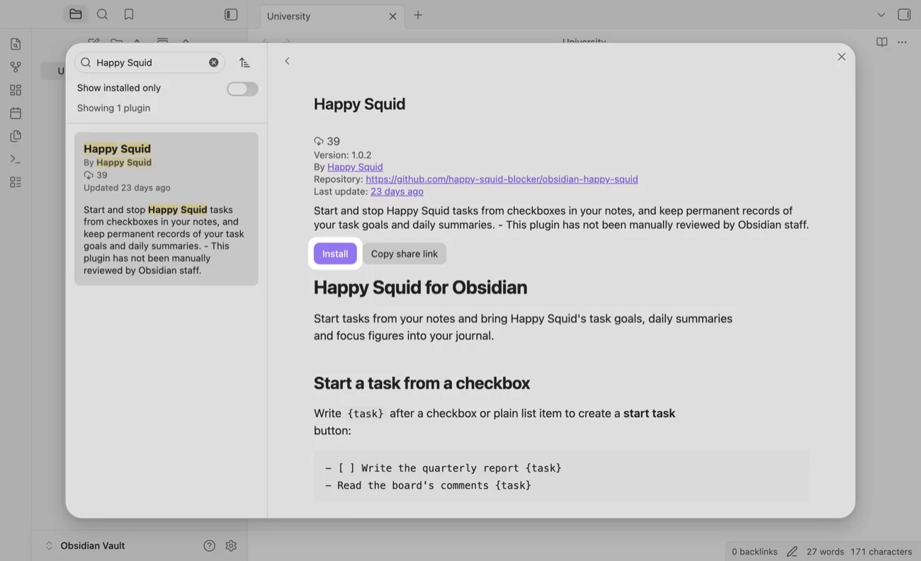 The Happy Squid plugin in Obsidian's plugin directory, with the Install button highlighted.