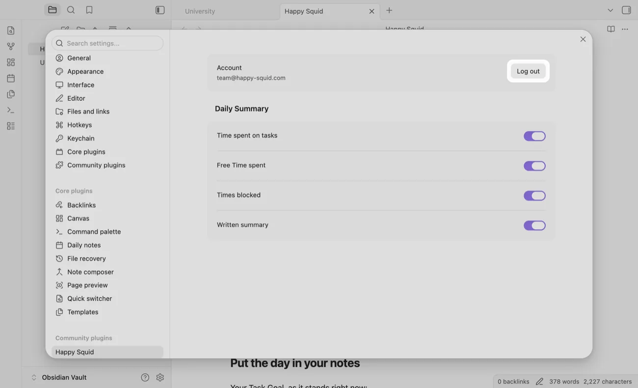 The Happy Squid plugin settings in Obsidian, with the Log out button highlighted.