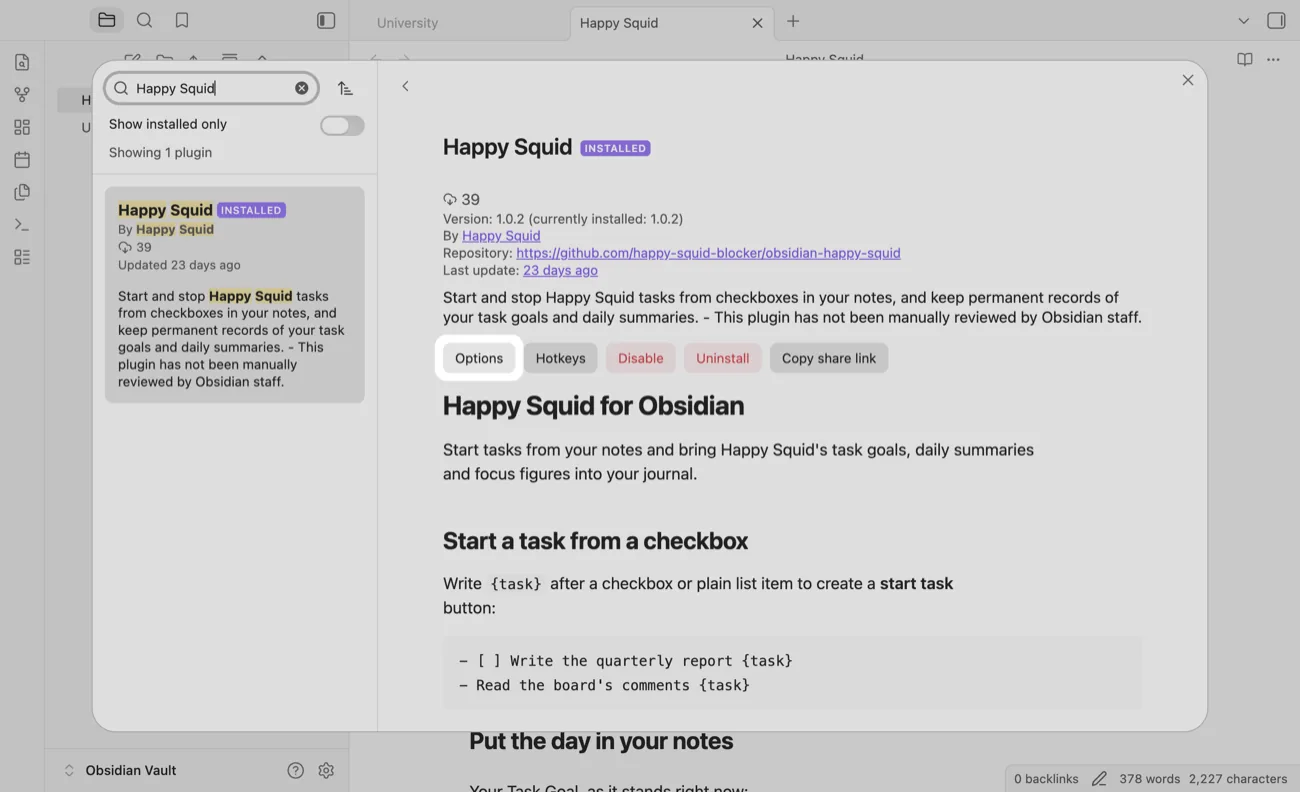 The Happy Squid plugin after enabling, with the Options button highlighted.