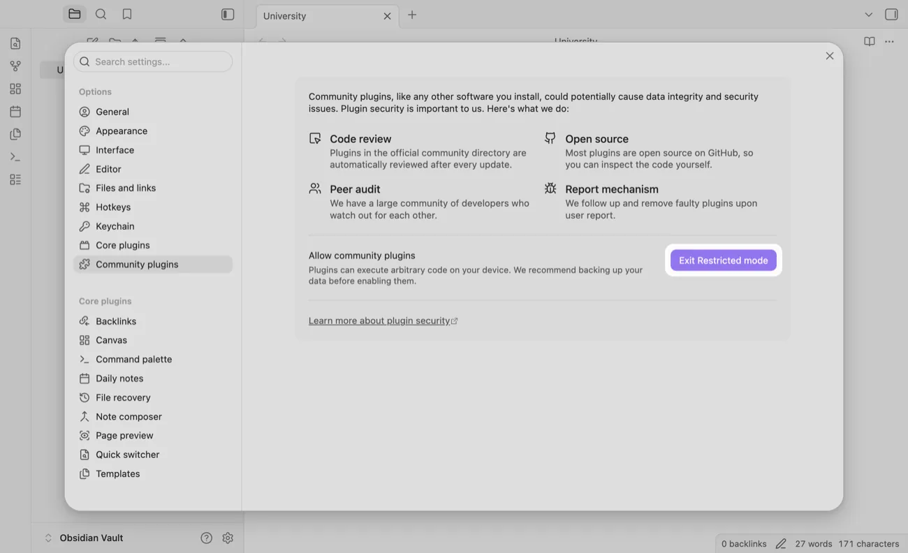 Obsidian's settings open on Community plugins, with the Exit Restricted mode button highlighted.