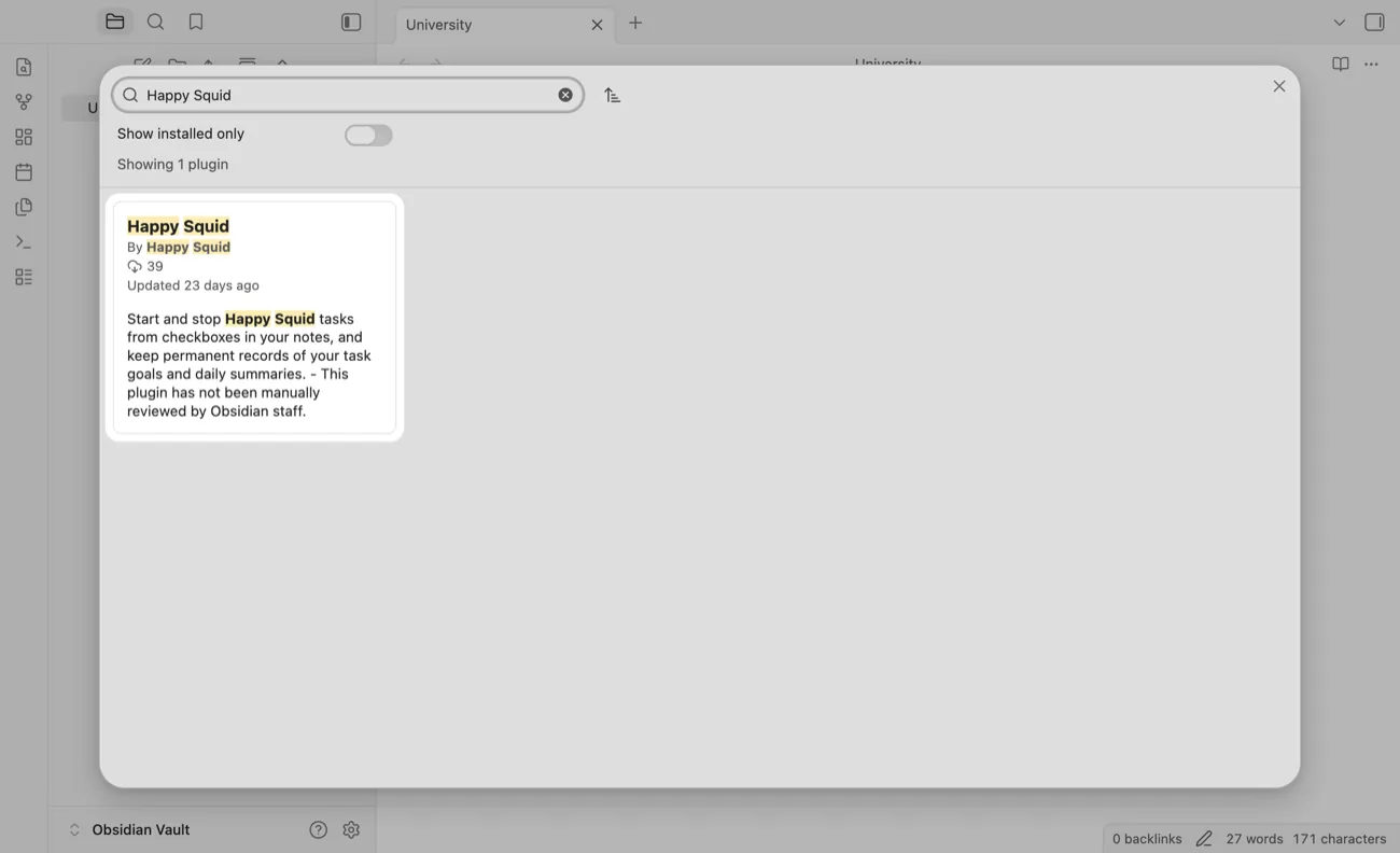 Obsidian's plugin directory searched for Happy Squid, with the Happy Squid plugin highlighted.