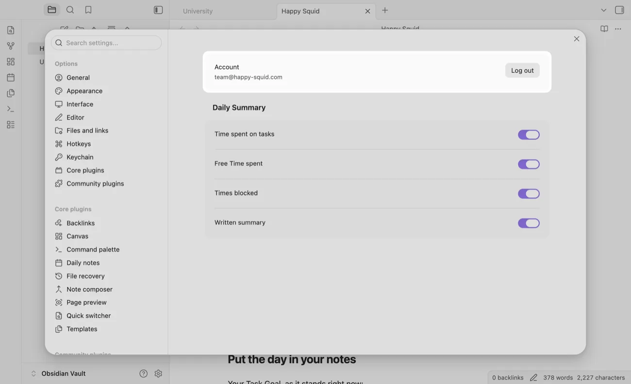 The Happy Squid plugin settings in Obsidian, with the signed-in account and its Log out button highlighted.