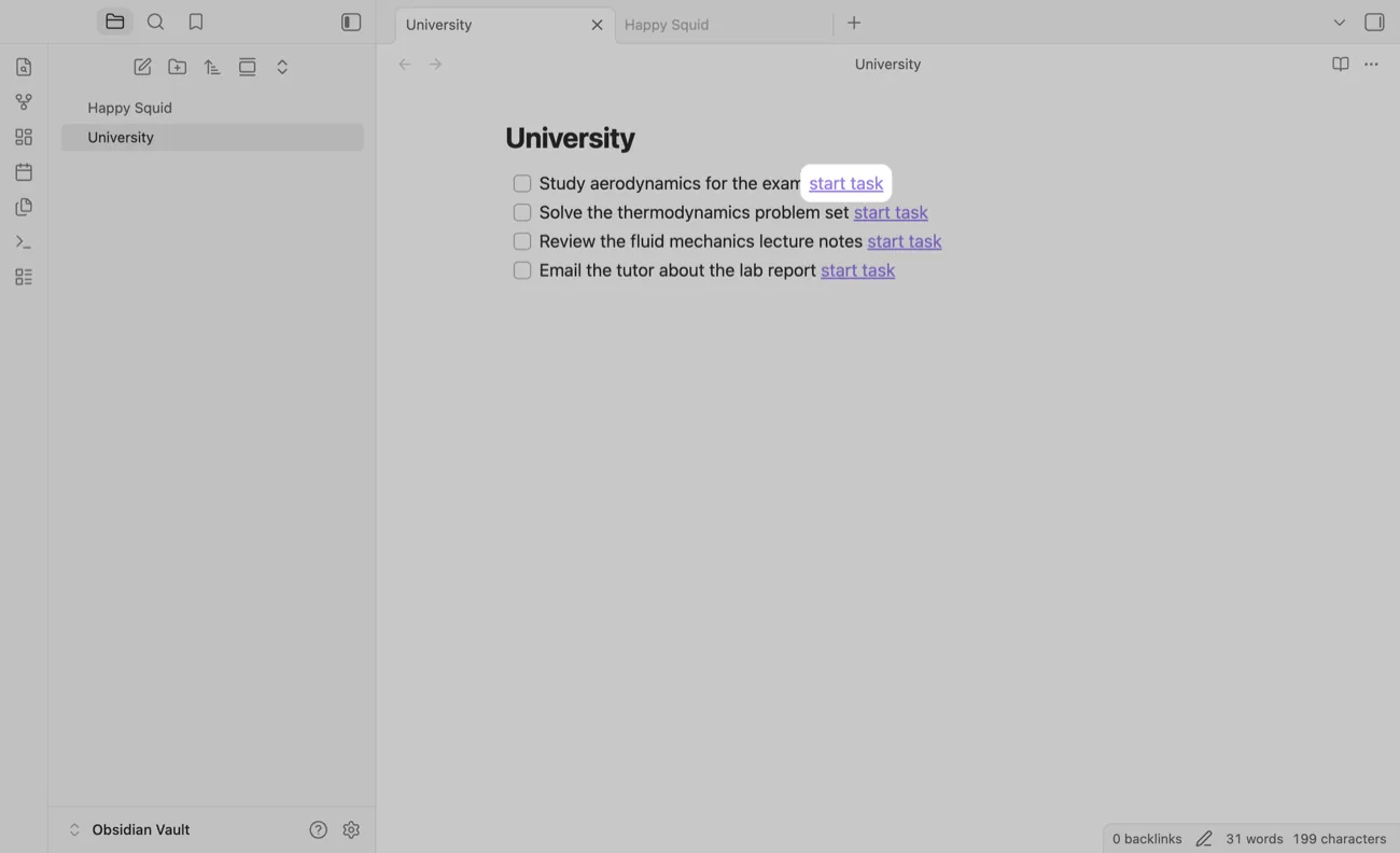 The University note, with the start task button next to Study aerodynamics for the exam highlighted.