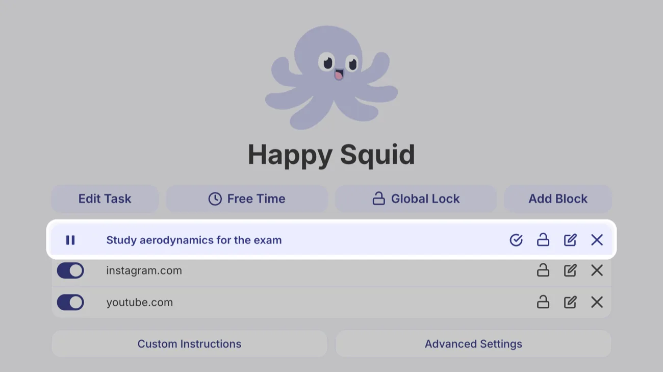 Happy Squid with the running Task Study aerodynamics for the exam highlighted above the blocks for instagram.com and youtube.com.