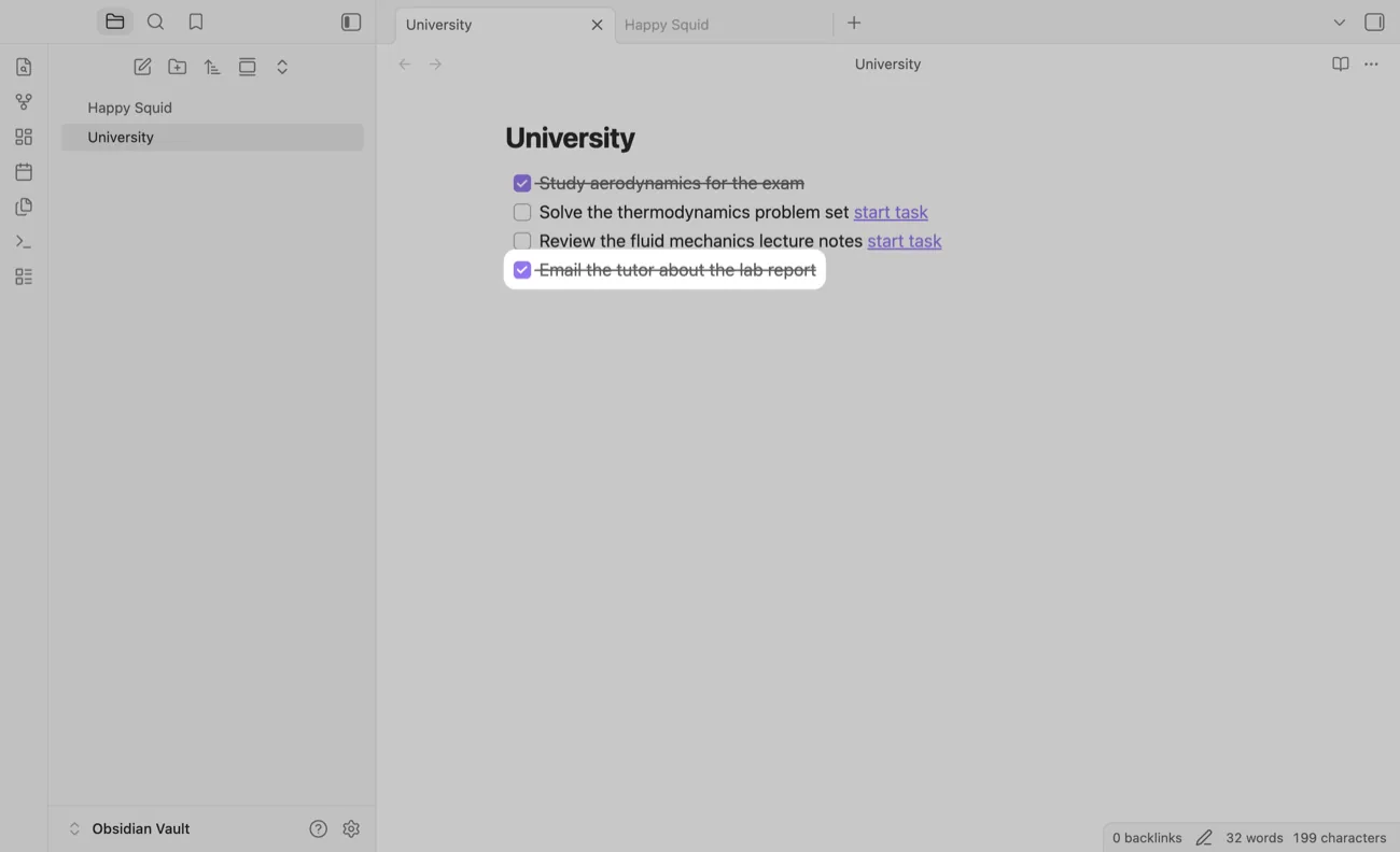 The University note, with Email the tutor about the lab report ticked and struck through.