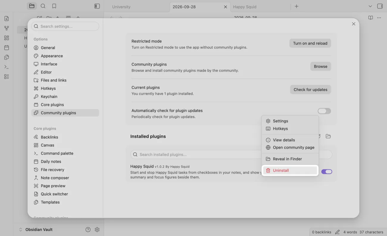 Obsidian's Community plugins settings, with the Happy Squid plugin's uninstall button highlighted.