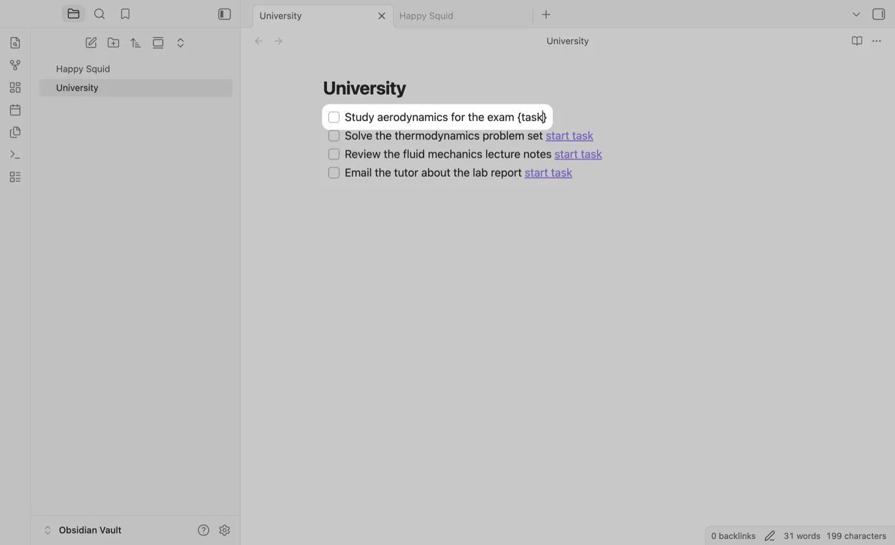 An Obsidian note called University with four tasks, the first of them ending in {task}, highlighted.