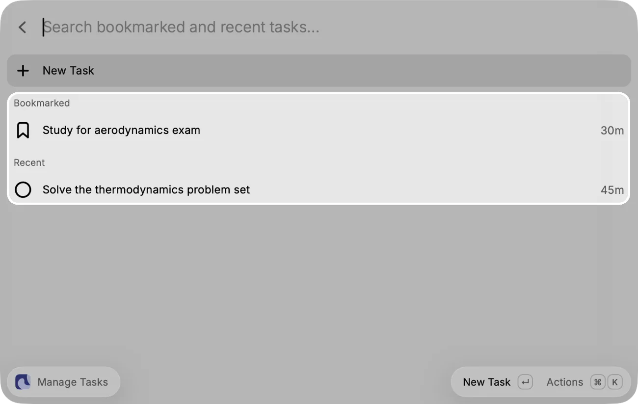 Manage Tasks in Raycast with New Task at the top, and the bookmarked and recent Tasks below it highlighted.