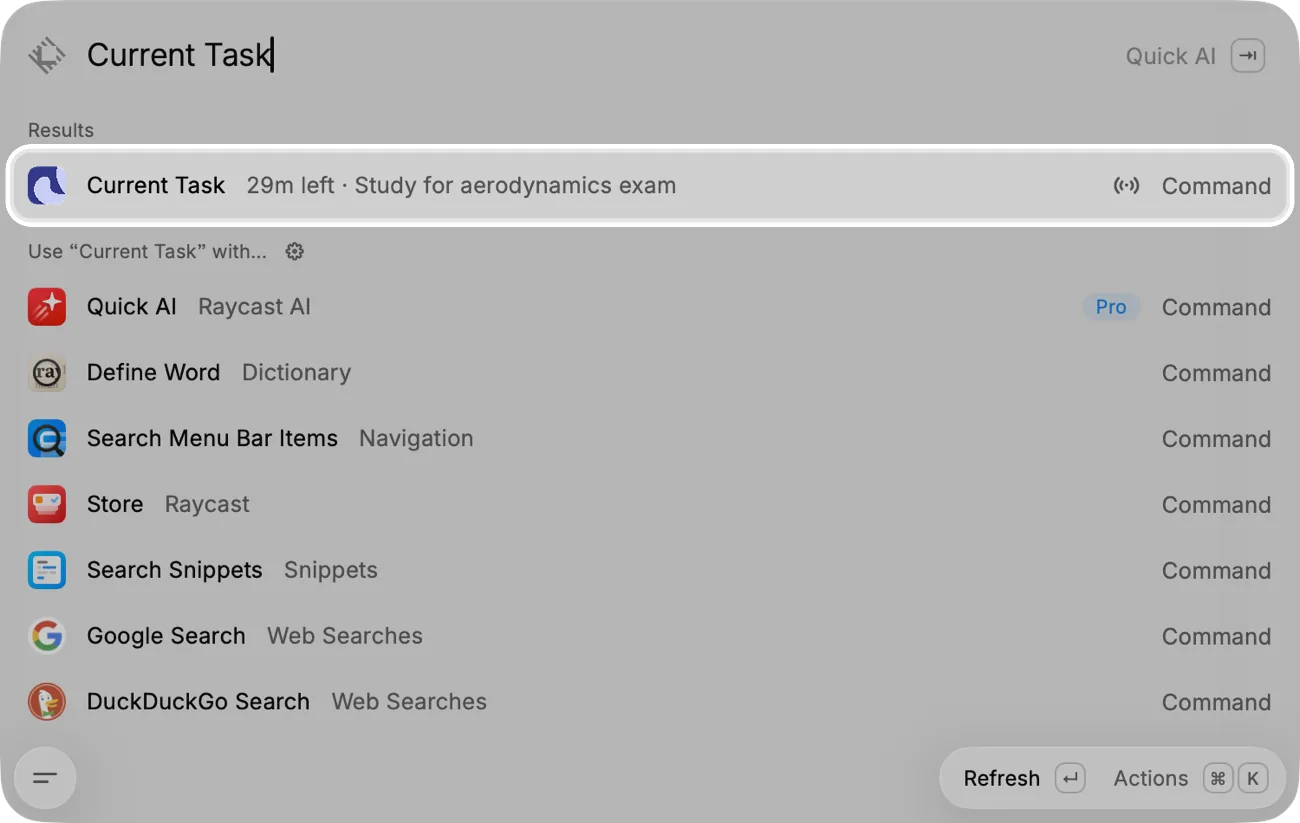 Raycast's search with the Current Task command highlighted, showing 29m left on Study for aerodynamics exam.