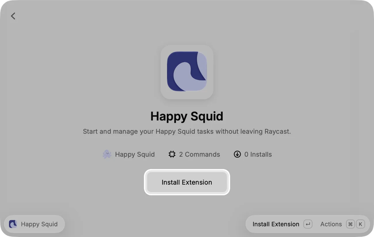 The Happy Squid extension in Raycast's Store, with the Install Extension button highlighted.