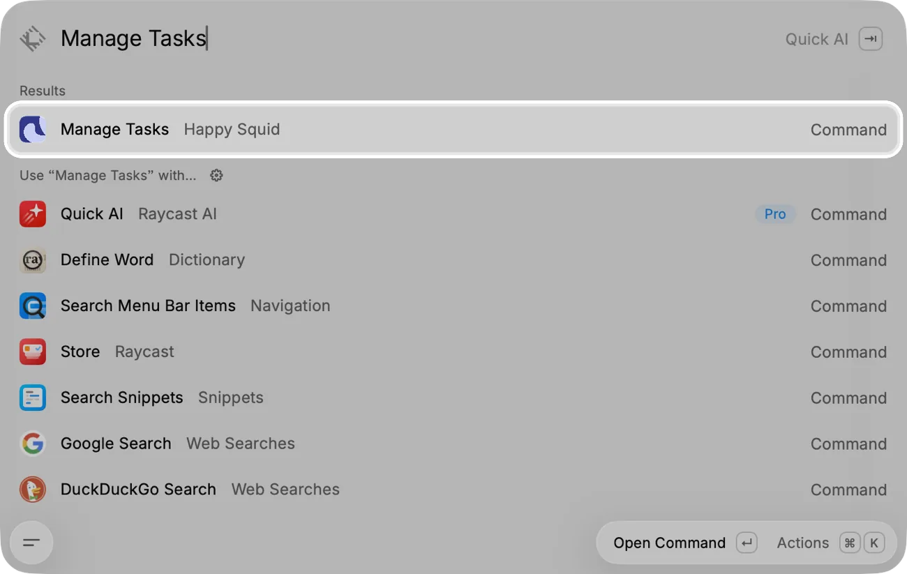 Raycast's search with Manage Tasks typed in, and the Manage Tasks command from Happy Squid highlighted.