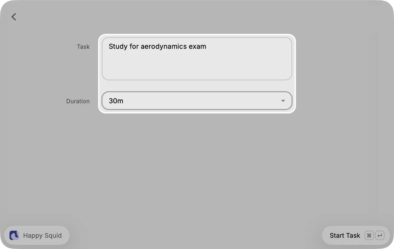 The New Task form in Raycast with the Task Study for aerodynamics exam and a duration of 30 minutes, both highlighted.