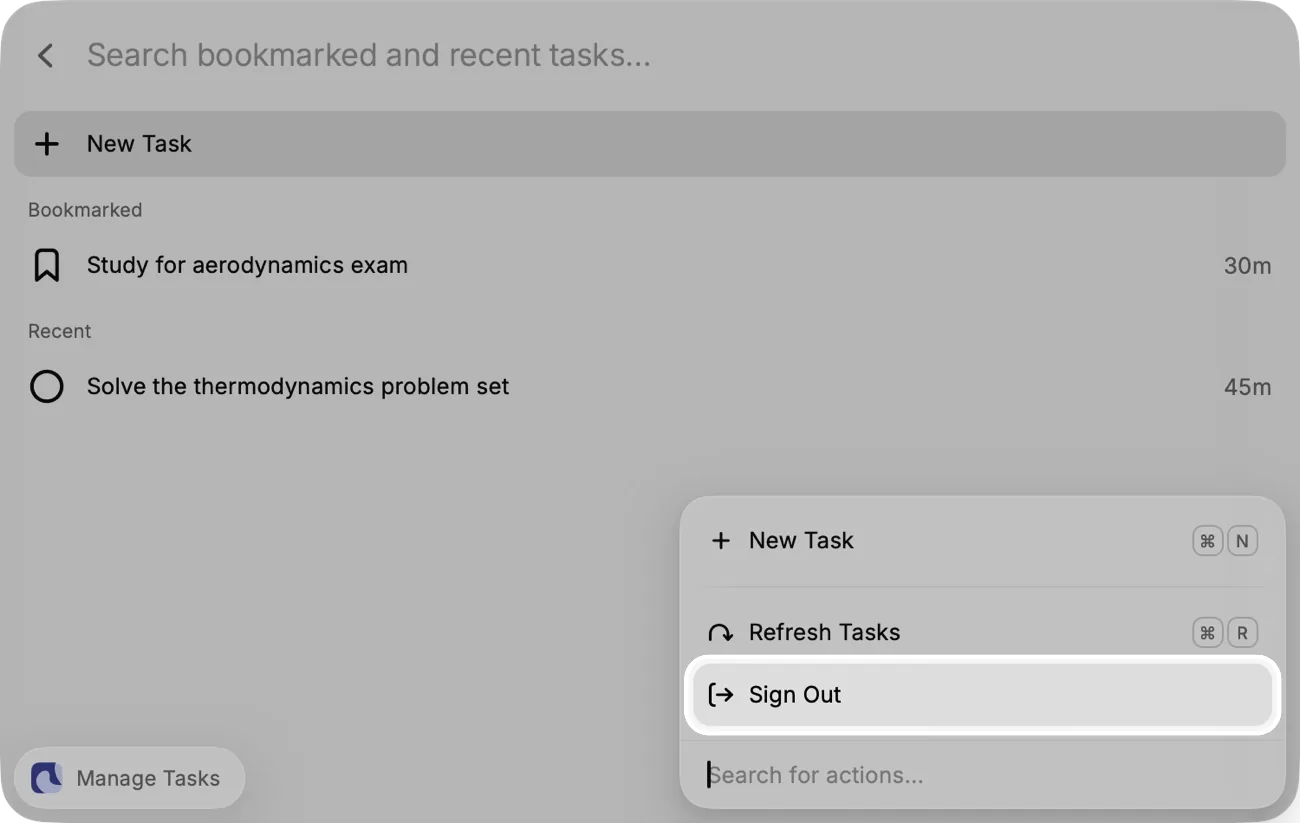 The Actions menu of Manage Tasks in Raycast, with Sign Out highlighted.