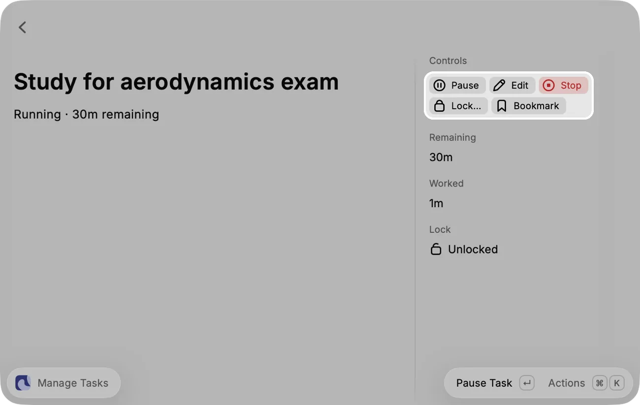 The running Task Study for aerodynamics exam in Raycast, with its controls highlighted in the side panel.