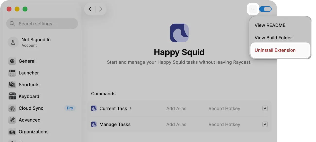 Raycast's settings open on Happy Squid, with the ⋯ button and Uninstall Extension in its menu highlighted.