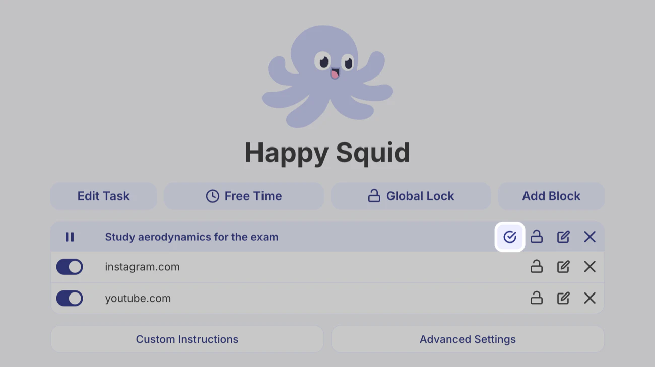 Happy Squid with the running Task Study aerodynamics for the exam above the blocks for instagram.com and youtube.com, with the check mark button highlighted.