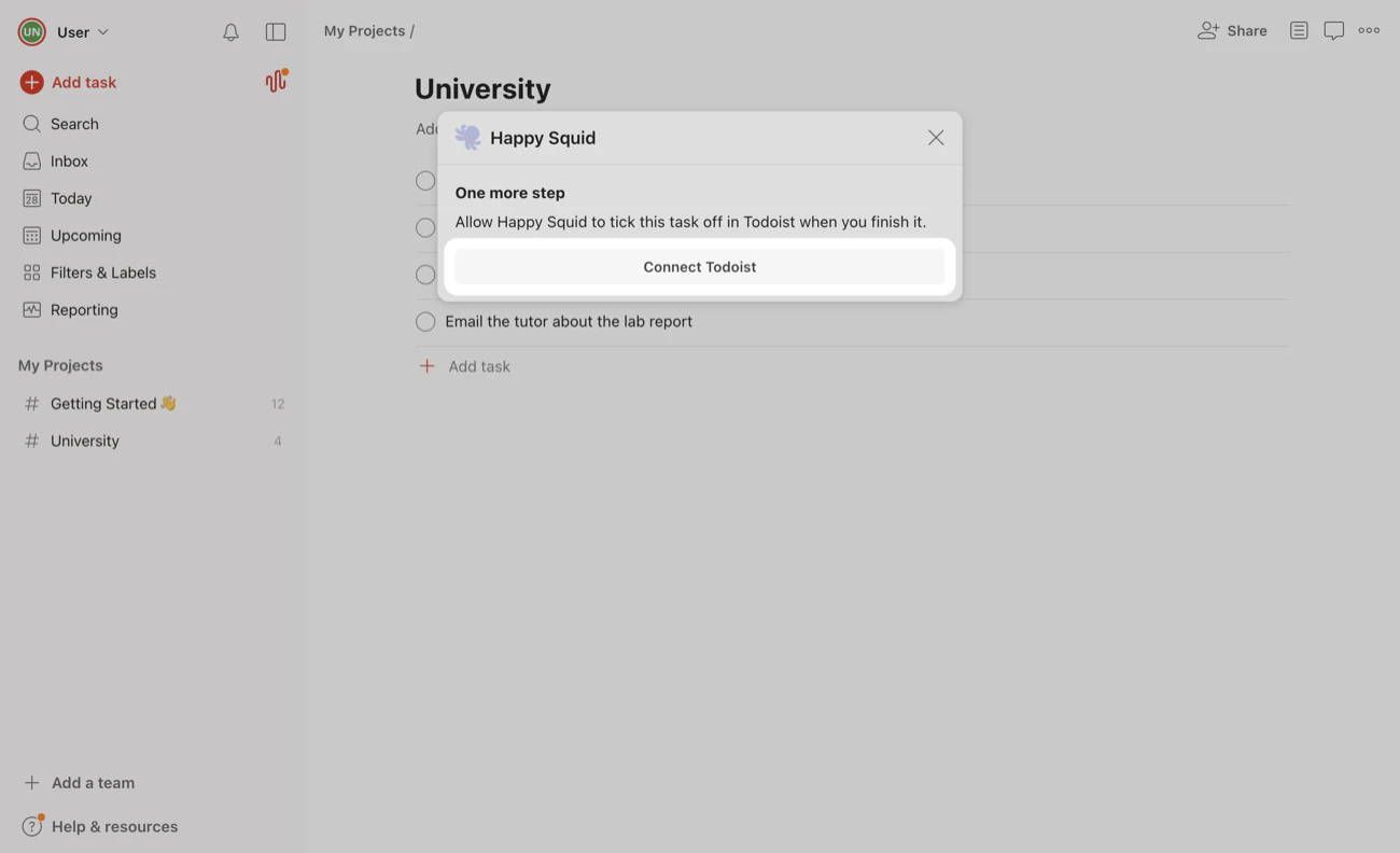 The Happy Squid window in Todoist showing One more step, with the Connect Todoist button highlighted.