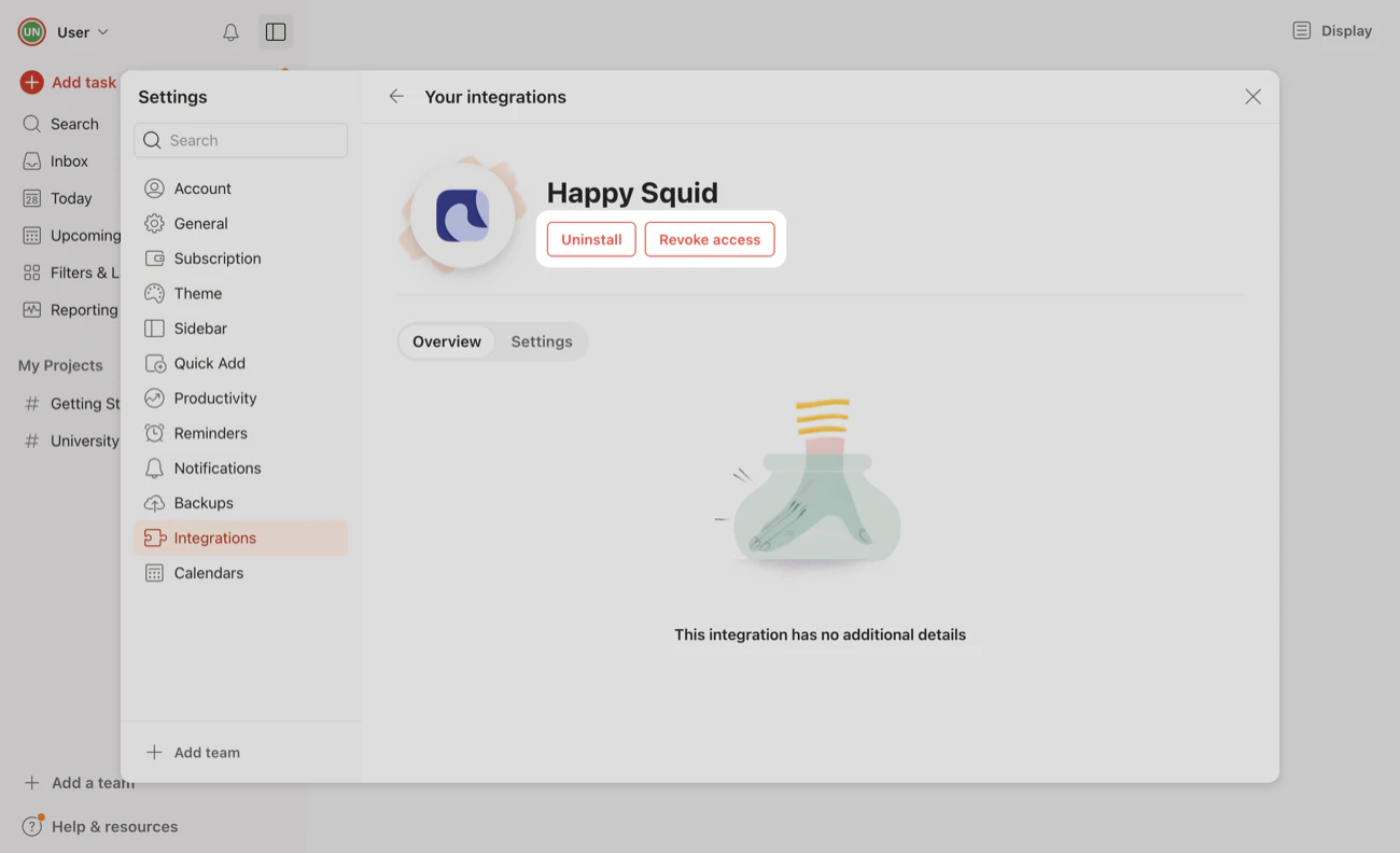 Todoist settings for the Happy Squid integration, with the Uninstall and Revoke access buttons highlighted.
