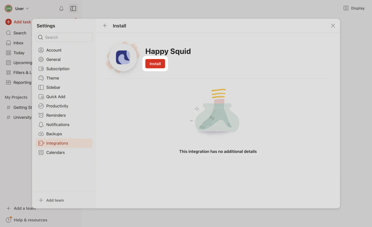 Todoist settings open on the Happy Squid integration, with the Install button highlighted.