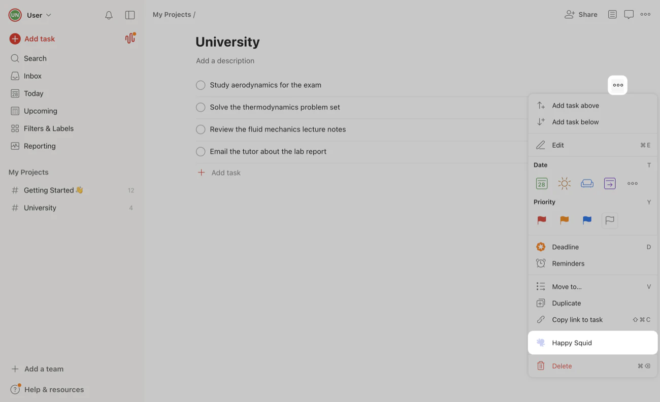 A Todoist task’s menu, opened from its three-dot button, with Happy Squid highlighted near the bottom.