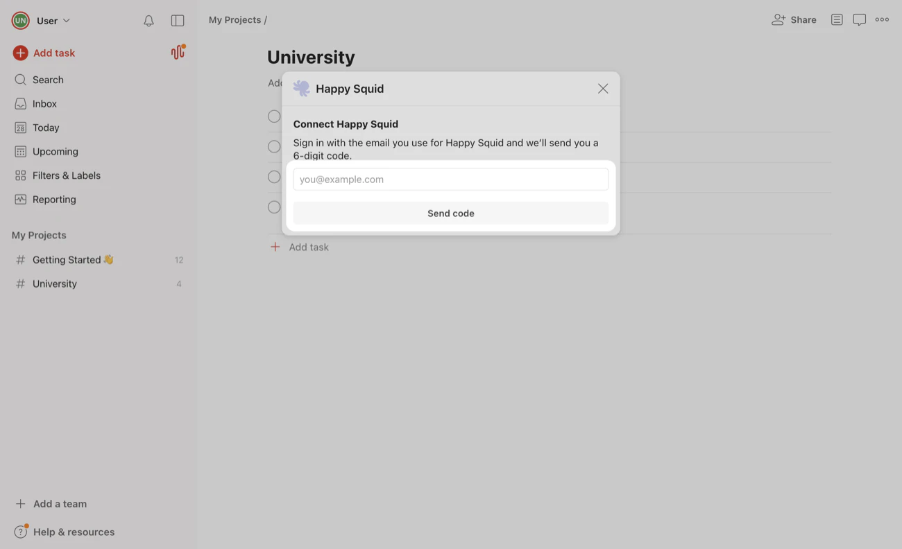 The Happy Squid window in Todoist, titled Connect Happy Squid, with the email field and the Send code button highlighted.