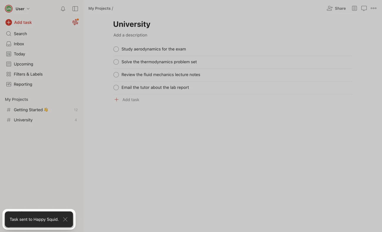 Todoist with the message Task sent to Happy Squid highlighted in the bottom left corner.