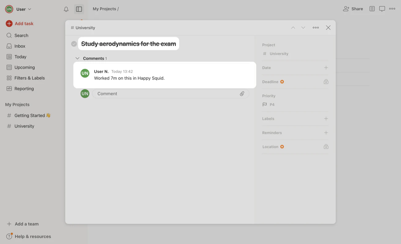 The completed task in Todoist, struck through, with the comment Worked 7m on this in Happy Squid.